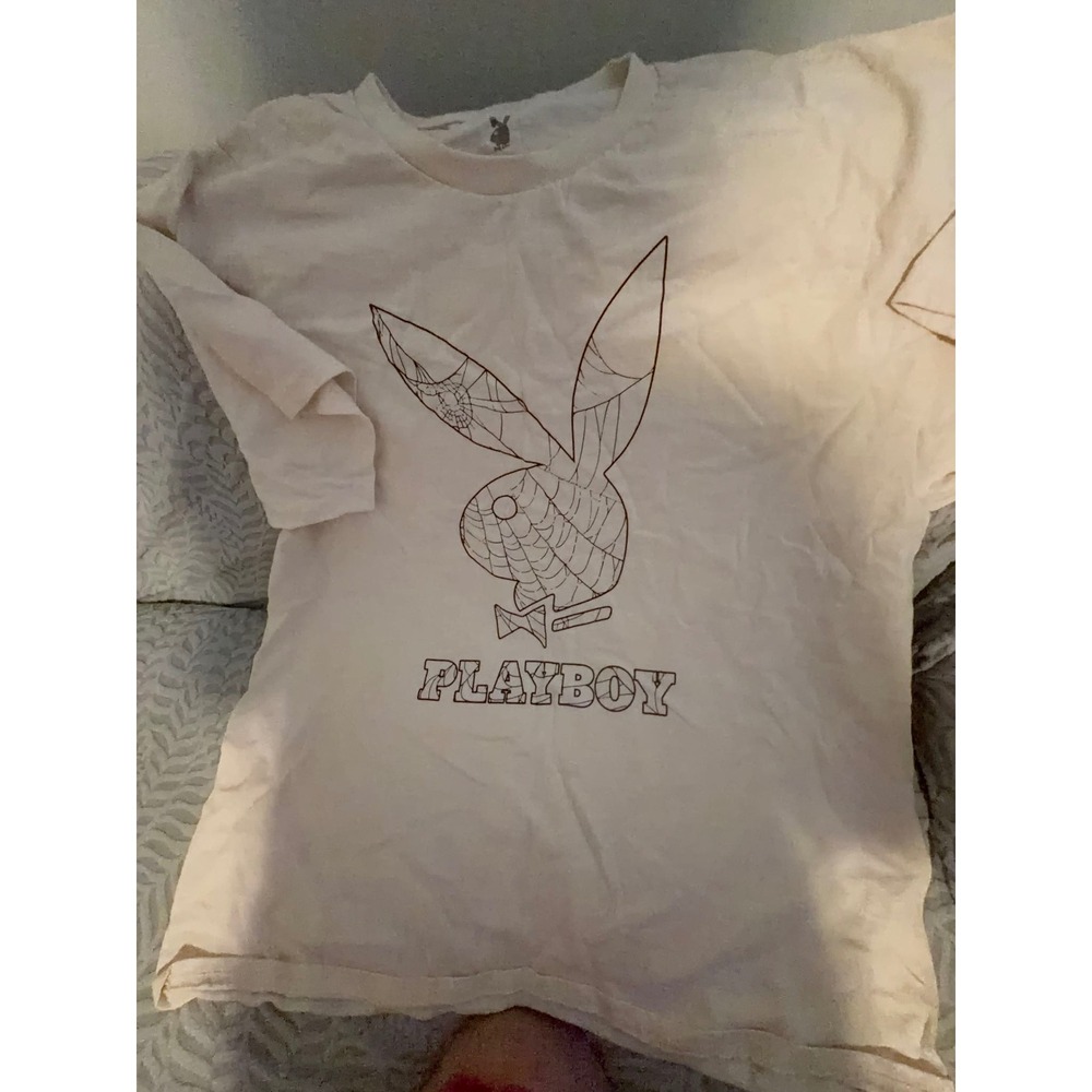 Playboy Spiderweb Rabbit Logo Graphic Tee Shirt Mens XL Cream Color Bars Cotton